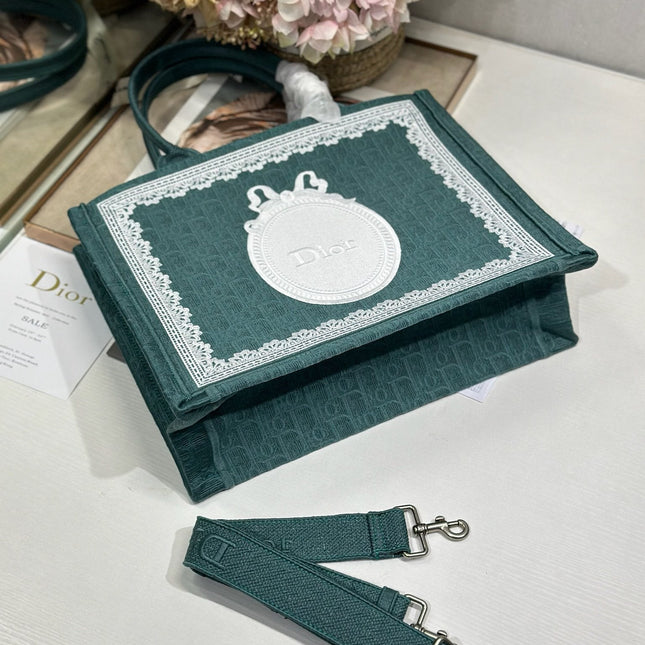 DIOR 26S BOOK TOTE BAG 36 IN TEAL GREEN AND WHITE BAYADERE FABRIC