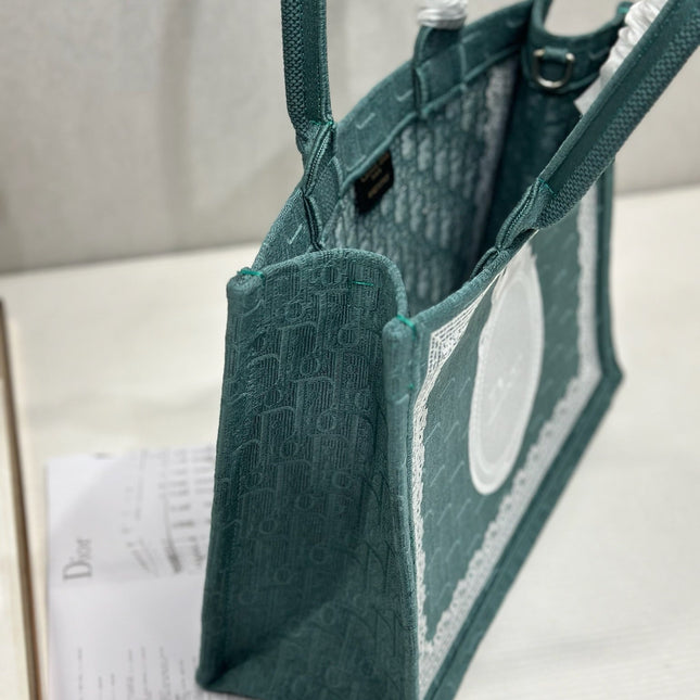 DIOR 26S BOOK TOTE BAG 36 IN TEAL GREEN AND WHITE BAYADERE FABRIC