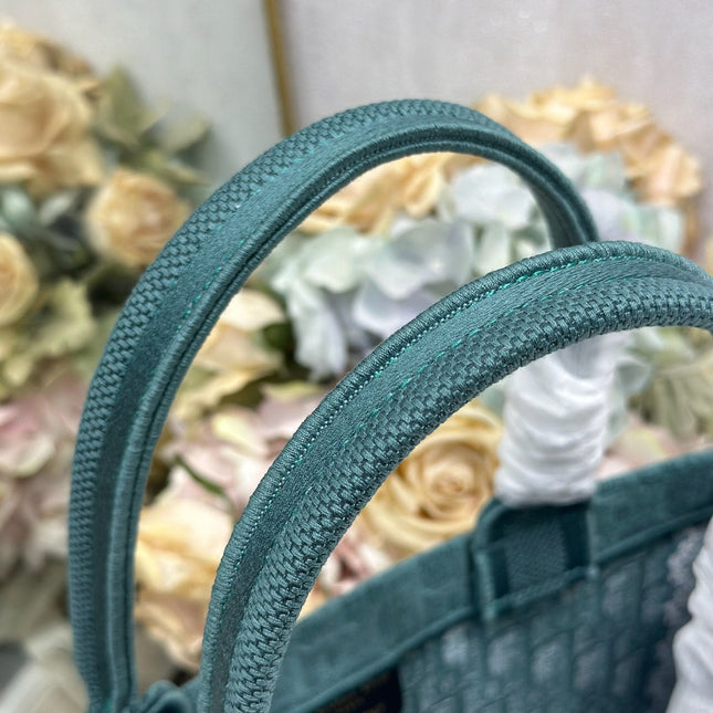 DIOR 26S BOOK TOTE BAG 36 IN TEAL GREEN AND WHITE BAYADERE FABRIC