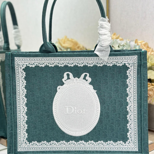 DIOR 26S BOOK TOTE BAG 36 IN TEAL GREEN AND WHITE BAYADERE FABRIC