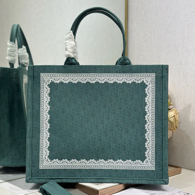 DIOR 26S BOOK TOTE BAG 42 IN TEAL GREEN AND WHITE BAYADERE FABRIC