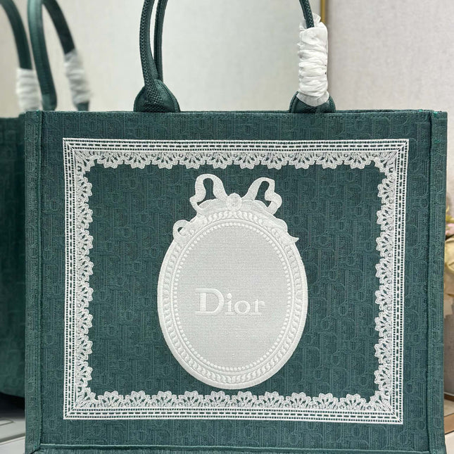 DIOR 26S BOOK TOTE BAG 42 IN TEAL GREEN AND WHITE BAYADERE FABRIC