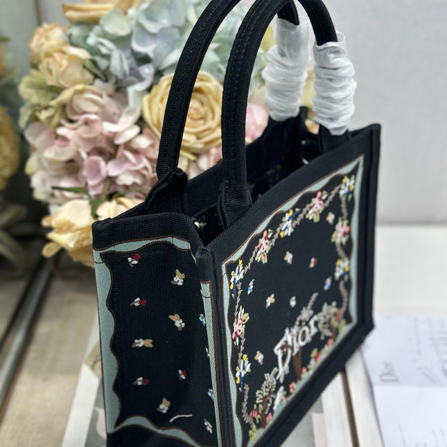 DIOR 26S BOOK TOTE BAG 26 IN BLACK PATTERNED BAYADERE FABRIC