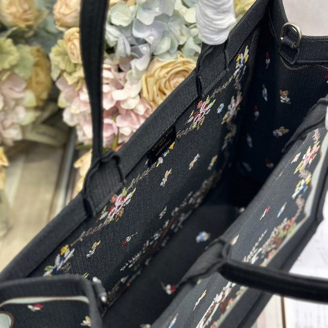 DIOR 26S BOOK TOTE BAG 42 IN BLACK PATTERNED BAYADERE FABRIC