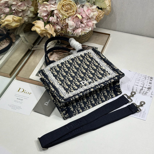 DIOR 26S BOOK TOTE BAG 26 IN NAVY BLUE AND BEIGE OBLIQUE FABRIC