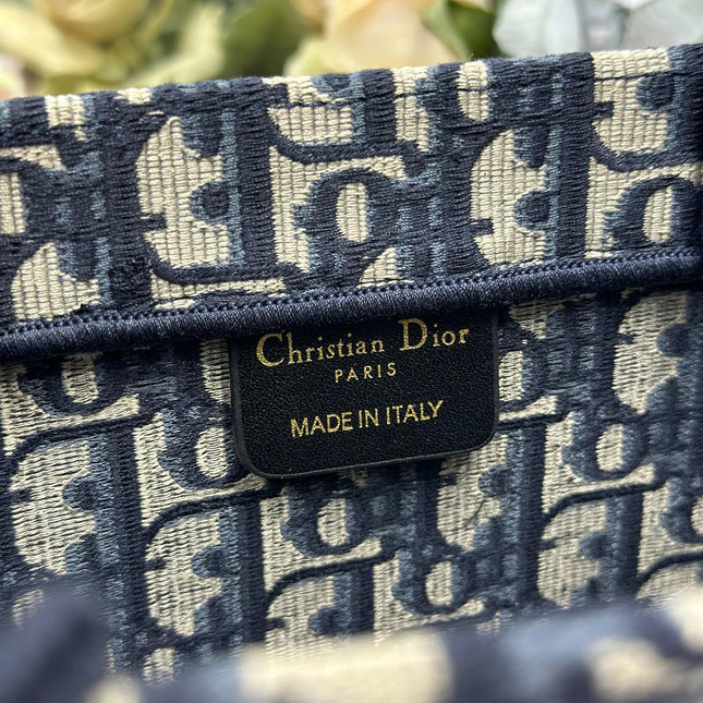 DIOR 26S BOOK TOTE BAG 36 IN NAVY BLUE AND BEIGE OBLIQUE FABRIC