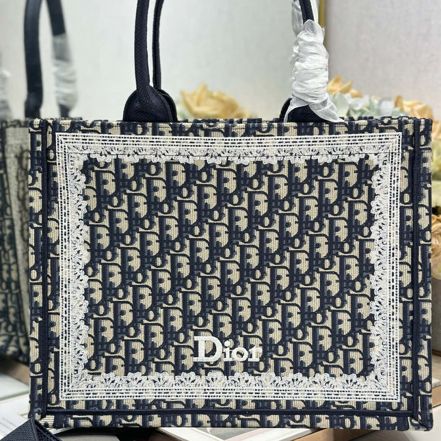 DIOR 26S BOOK TOTE BAG 36 IN NAVY BLUE AND BEIGE OBLIQUE FABRIC