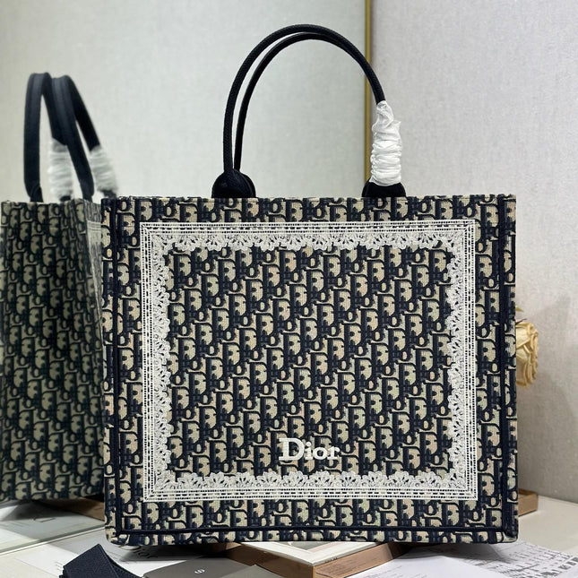 DIOR 26S BOOK TOTE BAG 42 IN NAVY BLUE AND BEIGE OBLIQUE FABRIC