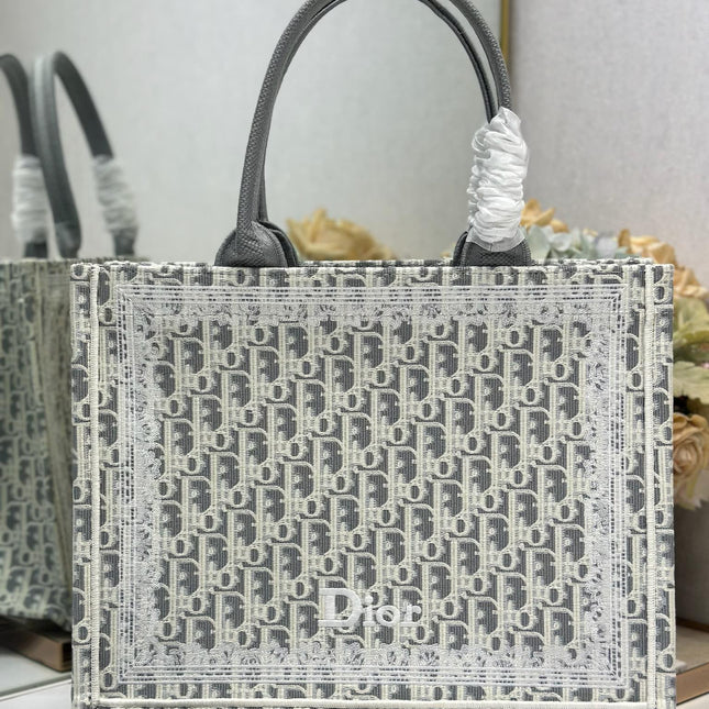 DIOR 26S BOOK TOTE BAG 36 IN GREY AND BEIGE FABRIC OBLIQUE FABRIC