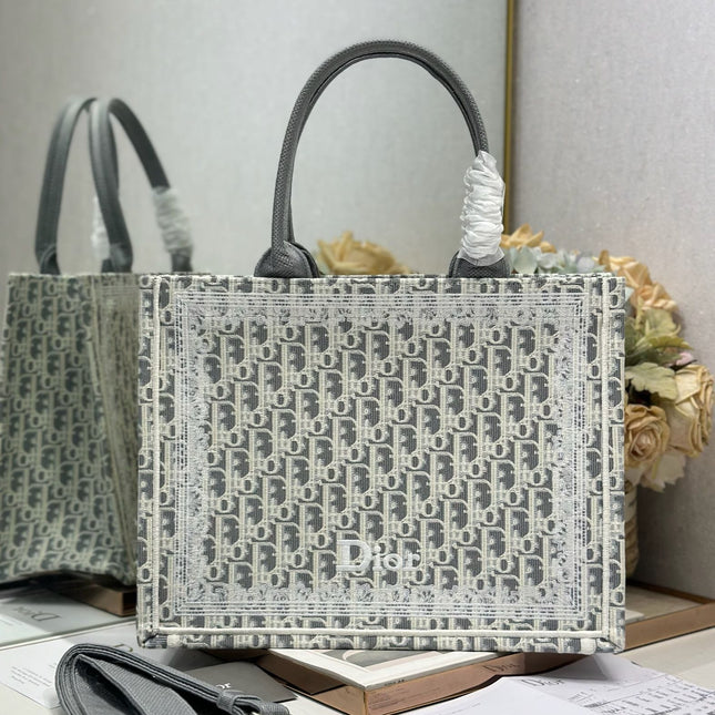 DIOR 26S BOOK TOTE BAG 36 IN GREY AND BEIGE FABRIC OBLIQUE FABRIC