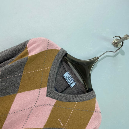 PRADA 26S V-NECK ARGYLE KNIT SWEATER 1077