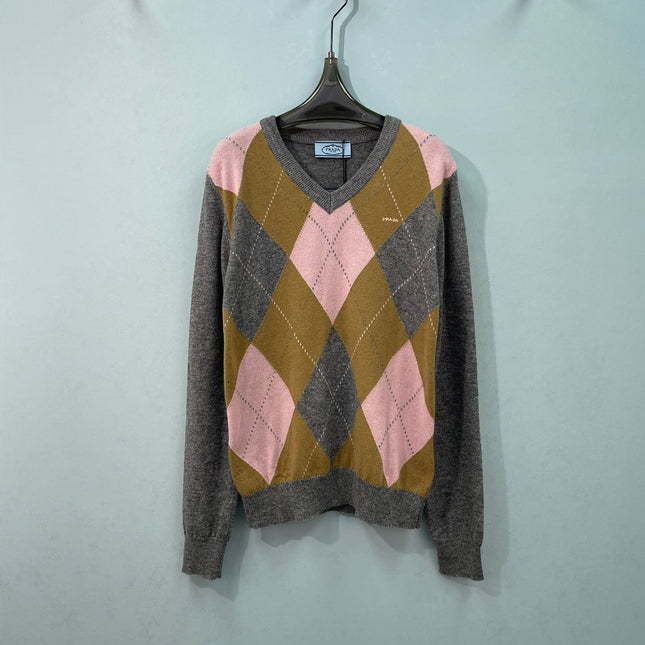 PRADA 26S V-NECK ARGYLE KNIT SWEATER 1077