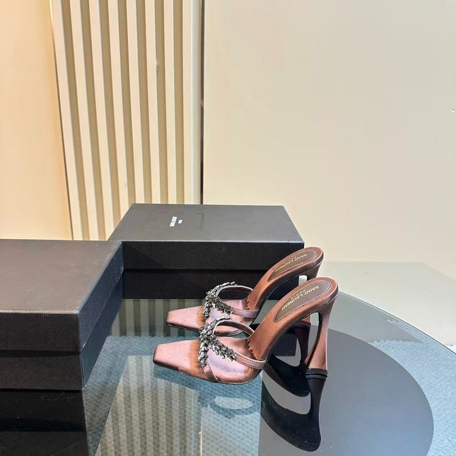 YSL LIZ 110 HEEL IN BROWN SATIN CRYSTAL EMBELLISHED SANDALS