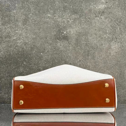 BALENCIAGA 26S TOP HANDLE BAG IN WHITE CANVAS & BROWN LEATHER