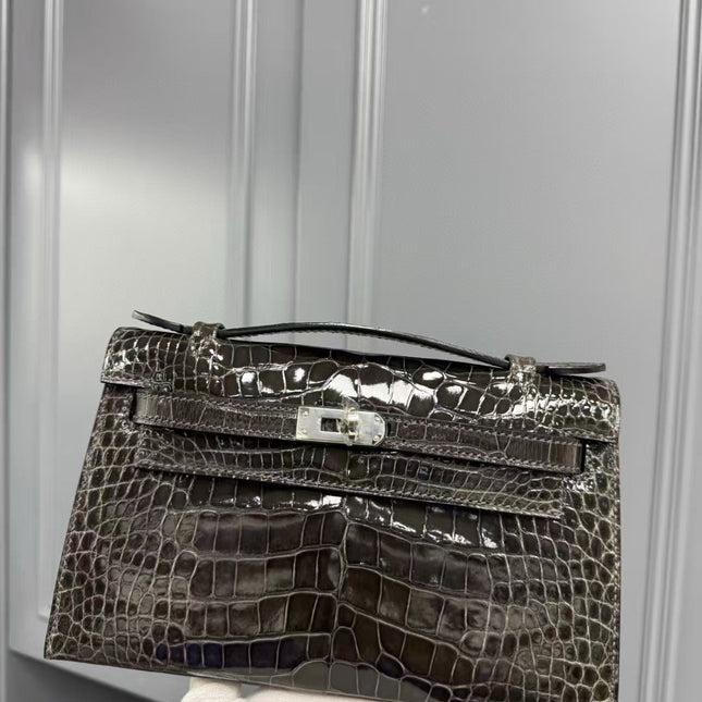 HM KELLY MINI 22 IN BROWN AMERICAN ALLIGATOR SILVER BUCKLE