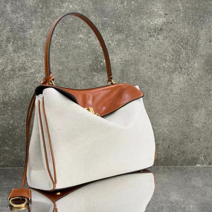 BALENCIAGA 26S TOP HANDLE BAG IN WHITE CANVAS & BROWN LEATHER