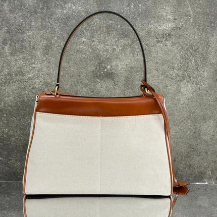 BALENCIAGA 26S TOP HANDLE BAG IN WHITE CANVAS & BROWN LEATHER