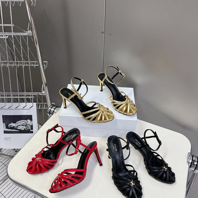 CELINE 26S TRIOMPHE STRAPPY HEELED SANDEL IN METALIC GOLD LABSKIN
