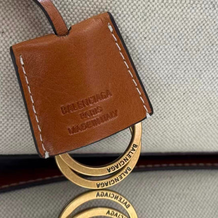 BALENCIAGA 26S TOP HANDLE BAG IN WHITE CANVAS & BROWN LEATHER