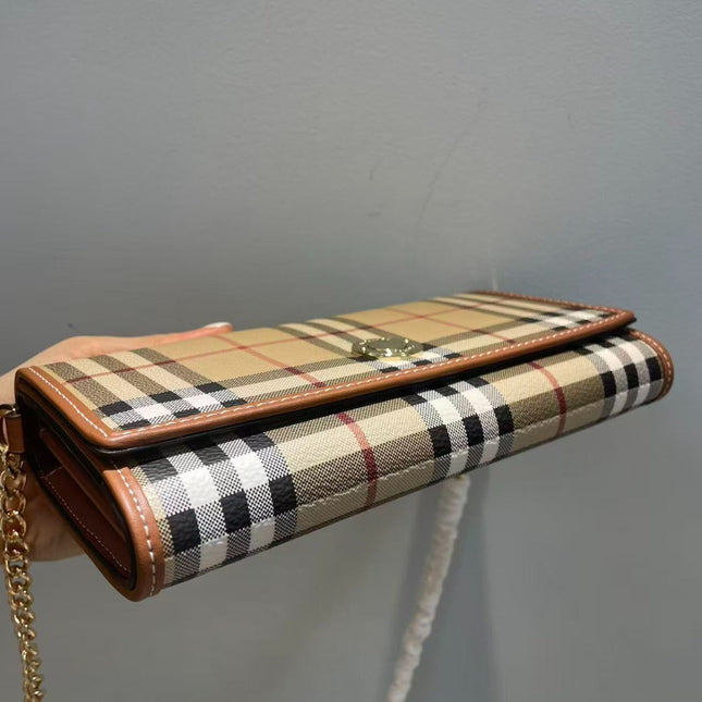 BBR CHECK CHAIN STRAP WALLET IN BEIGE CALFSKIN