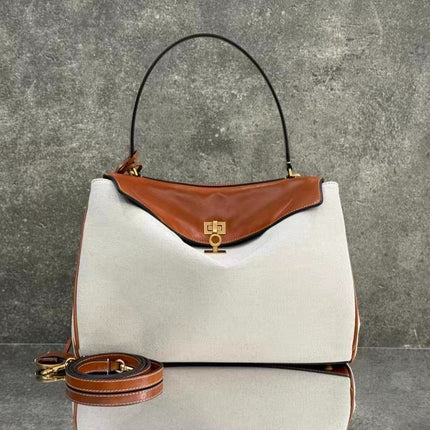 BALENCIAGA 26S TOP HANDLE BAG IN WHITE CANVAS & BROWN LEATHER