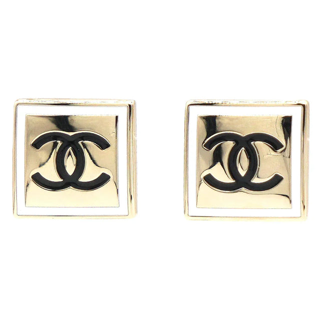 CC LIGHT GOLD AND WHITE ENAMEL SQUARE EARRINGS