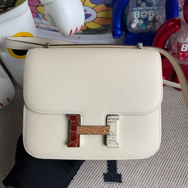 HM CONSTANCE BAGS 19 WHITE LAMBSKIN SILVER H BUCKLE MIX