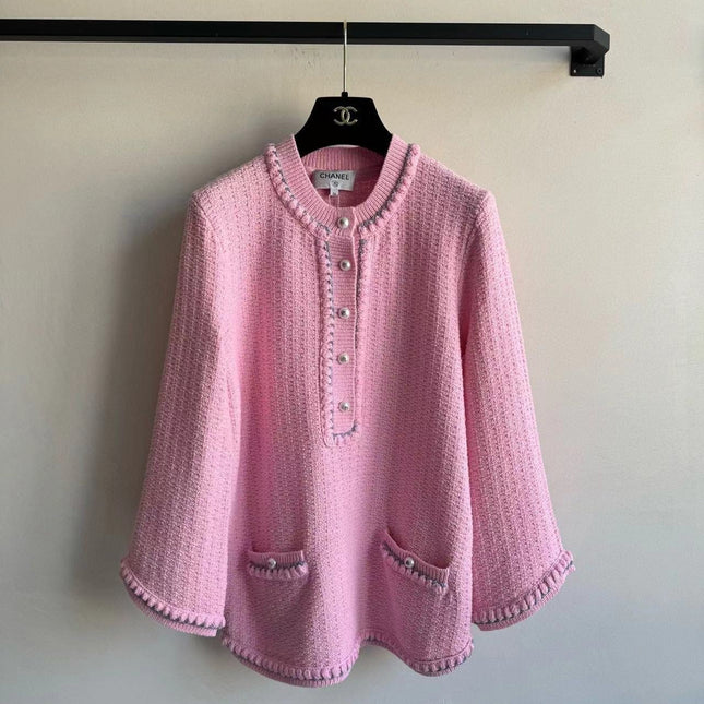 Chanel 25P Long-Sleeve Top Pink Tweed Pearl Buttons