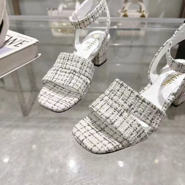 CC HIGH-HEELED SANDALS IN BLACK AND WHITE TWEED