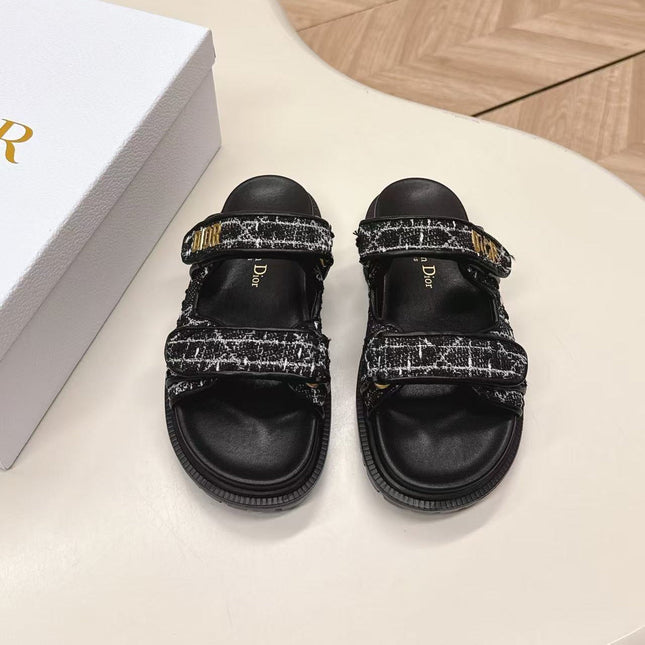 DIORACT SANDALS IN BLACK TWEED WITH GOLD LOGO BUCKLE