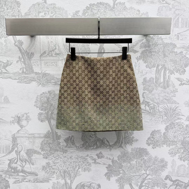 GG Brown Mix Light Green Canvas Mini Skirt With Embroidery