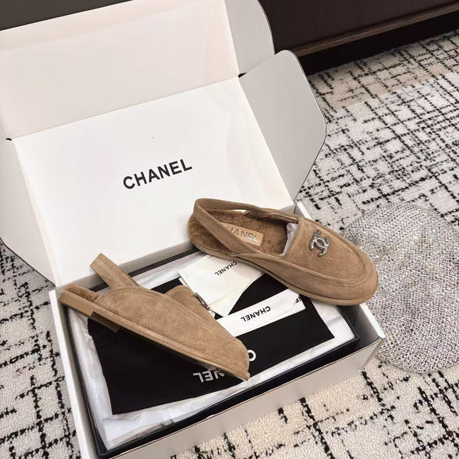 SLINGBACK LOAFER IN DARK BEIGE SUEDE AND SHEARLING