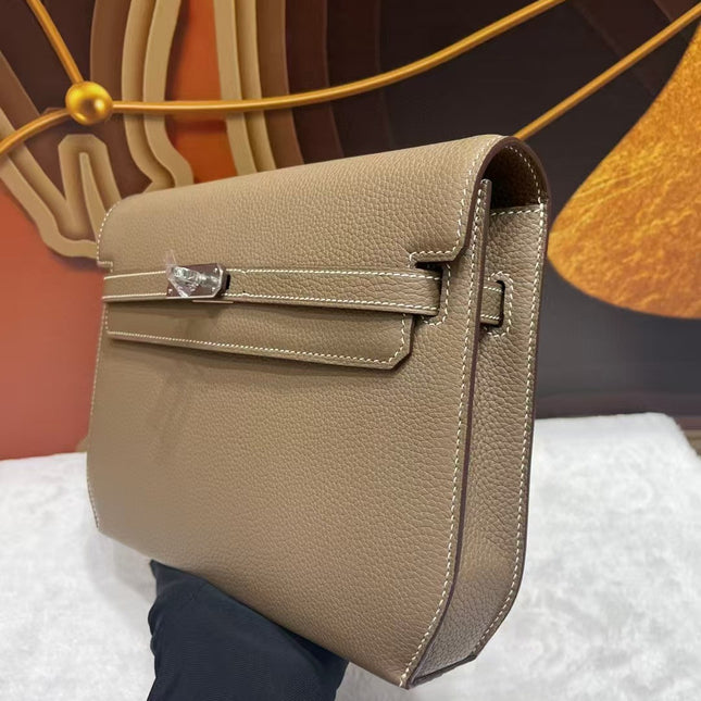 KELLY POCHETTE BAG 25 IN BROWN EPSOM LEATHER WITH PALLADIUM HARDWARE