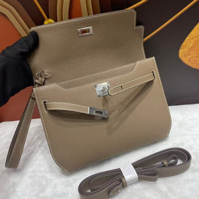 KELLY POCHETTE BAG 25 IN BROWN EPSOM LEATHER WITH PALLADIUM HARDWARE
