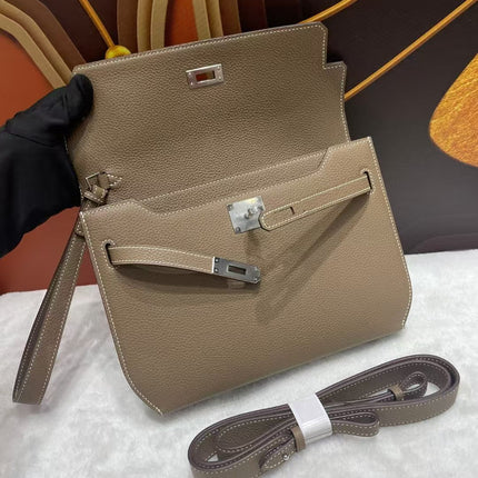 KELLY POCHETTE BAG 25 IN BROWN EPSOM LEATHER WITH PALLADIUM HARDWARE