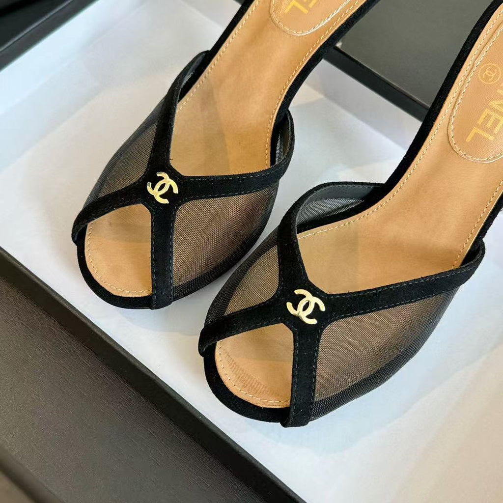 CC TRANSPARENT HIGH HEELS IN BLACK MESH