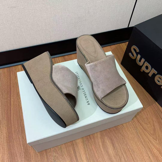 BRUNELLO CUCINELLI CHUNKY SOLES SANDALS IN DARK BEIGE SUEDE