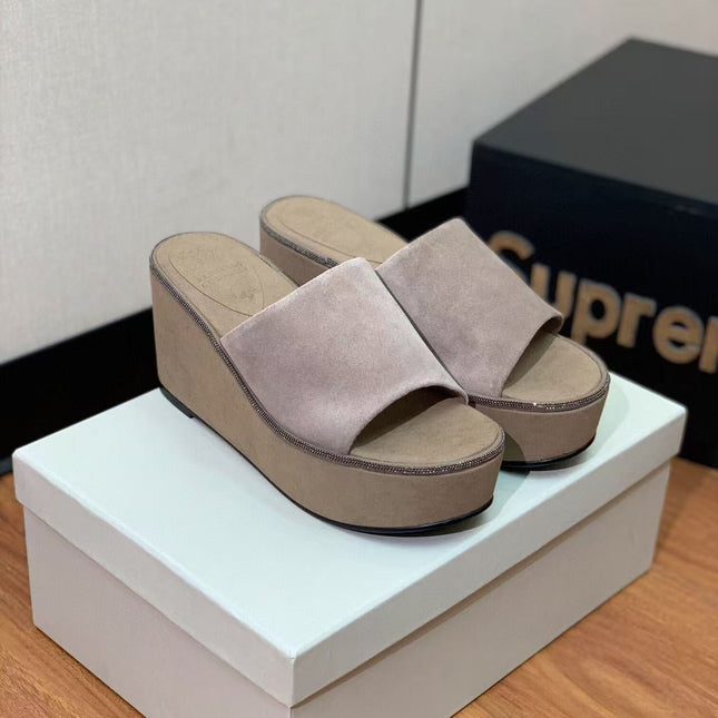 BRUNELLO CUCINELLI CHUNKY SOLES SANDALS IN DARK BEIGE SUEDE