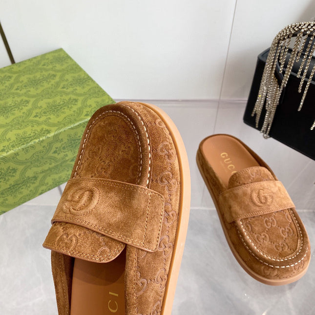 GG LOAFERS IN BROWN MONOGRAM EMBOSSED SUEDE