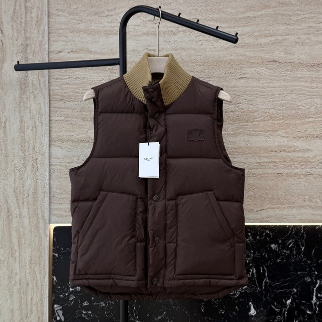 CELINE SLEEVELESS PUFFER JACKET IN BROWN
