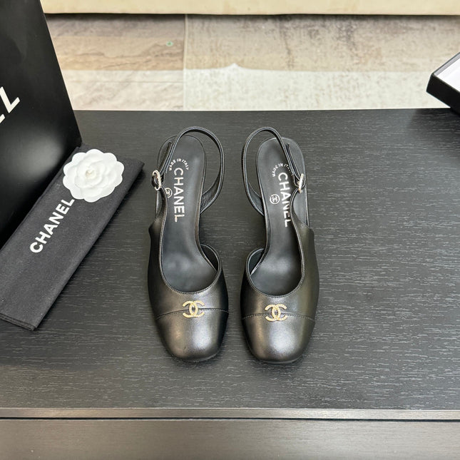 CHANEL SLINGBACK DOUBLE C BUCKLE IN BLACK CALFSKIN
