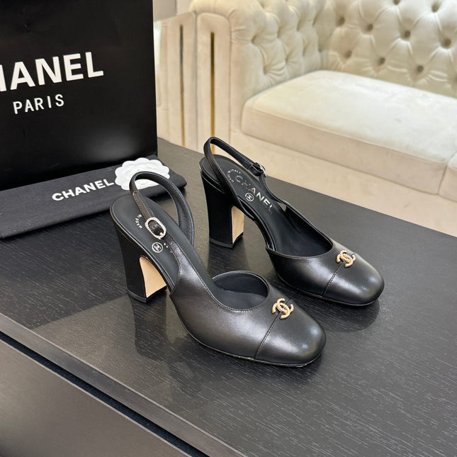 CHANEL SLINGBACK DOUBLE C BUCKLE IN BLACK CALFSKIN