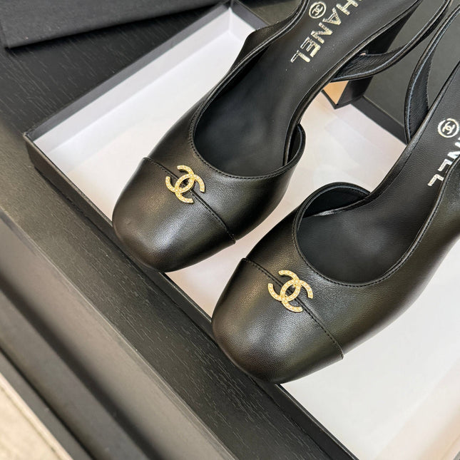 CHANEL SLINGBACK DOUBLE C BUCKLE IN BLACK CALFSKIN