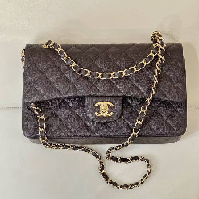 CC CLASSIC FLAP BAG 25 IN CHOCOLATE BROWN CALFSKIN GOLD HARDWARE