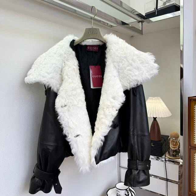 GUCCI LEATHER JACKET WITH WHITE SHEARLING