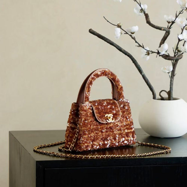 CC KELLY TOP HANDLE BAG 19 IN BROWN SEQUINED FINISH