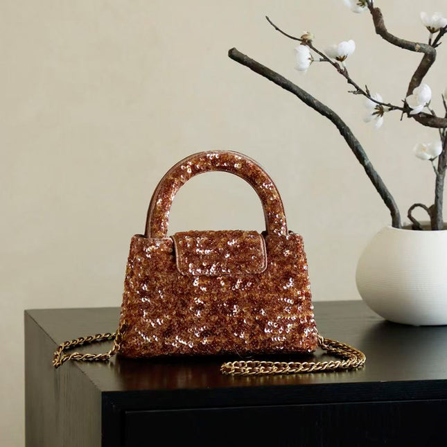 CC KELLY TOP HANDLE BAG 19 IN BROWN SEQUINED FINISH