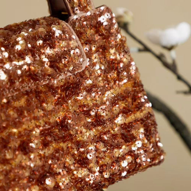CC KELLY TOP HANDLE BAG 19 IN BROWN SEQUINED FINISH