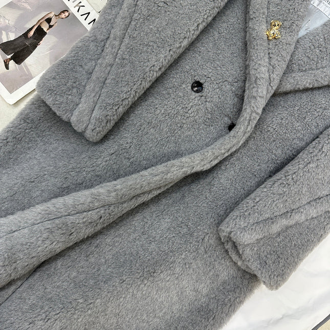 MAX MARA LONG COAT IN LIGHT GREY WOOL WITH CRYSTAL CHARM