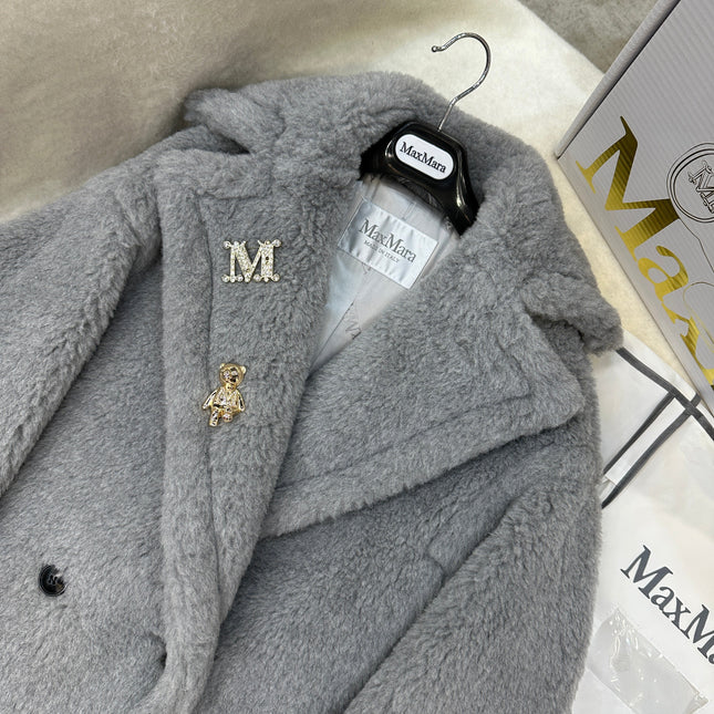 MAX MARA LONG COAT IN LIGHT GREY WOOL WITH CRYSTAL CHARM